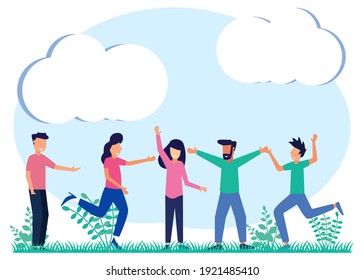 Friends as a group of social communities together despite the concept of social diversity. Multiracial crowd and multicultural friendships. Happy friendship meeting.