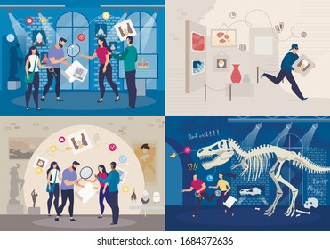 Friends Group Solving Mystery in Quest Room Concepts Set. People Playing in Intellectual Game, Searching Answers for Questions About Business, Natural History and Art Trendy Flat Vector Illustrations