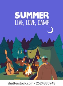 Friends with guitar relax near campfire at summer night. Evening camping in forest poster. Young men with tent sitting at campsite. People hiking, travel at wild nature. Flat vector illustration