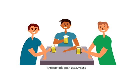 Friends guys drink beer. People gathered at the common table drinking and having fun. Friendly feasts. Toast. Alcoholic beverage. Bar. Vector