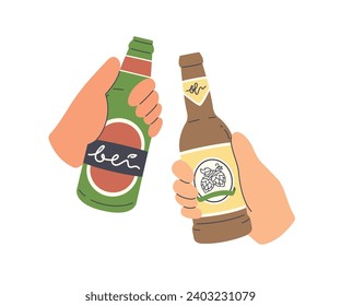 Amigos con bebidas alcohólicas en botellas, animando juntos. Beber juntos para celebrar las fiestas. Ilustración vectorial de estilo de caricatura plana aislada en fondo blanco