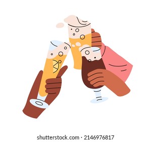 Amigos de la mano con gafas de cerveza animando juntos, celebrando las vacaciones con brindis. Grupo de armas humanas cargando bebidas con espuma, burbujas. Ilustración vectorial gráfica plana aislada en fondo blanco