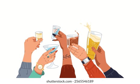 Friends hands cheering alcohol drinks flat color vector illustration. Diverse people raising glasses to link at party cartoon composition on white