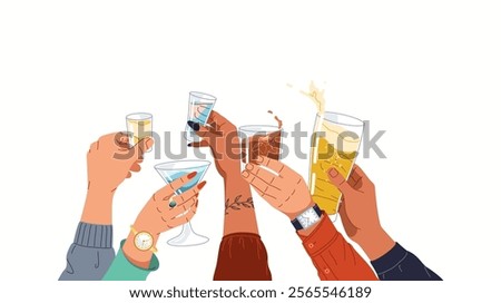 Friends hands cheering alcohol drinks flat color vector illustration. Diverse people raising glasses to link at party cartoon composition on white
