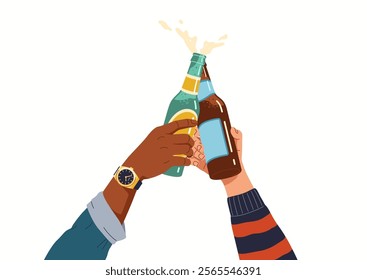 Friends hands cheering beer bottles flat color vector illustration. Multiracial people enjoying drinks closeup cartoon icon on white