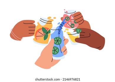 Manos de amigos animando con cócteles de verano, limonadas, celebrando las vacaciones. Brazos sujetando vasos de vidrio con bebidas saludables de fruta juntos. Ilustración vectorial gráfica plana aislada en fondo blanco