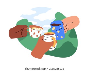 Friends hands cheering with tea mugs and celebrating holiday. Diverse arms holding cups for congratulations on summer picnic in nature. Flat graphic vector illustration isolated on white background