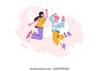 Friends hands give high five together in the jump. Team High Five. Happy people jumping in confetti, celebrate, play, clap. Successful completion of work, tasks. Cartoon cheerful together.