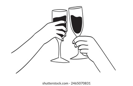 Friends hands hold glass with red, sparkling wine, champagne or other alcoholic drink and cheers drinking toast to friendship or on a date. Vector illustration for greeting cards, postcards, placard.