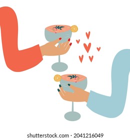 Friends Hands Holding Glasses Of Cocktail And Cheers Or Drinking Toast To Friendship. Colored Graphic Flat Vector Illustration Isolated On White Background