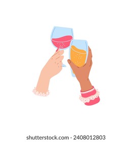 Friends hands holding glasses with cocktails, and cheers or drinking toast to friendship. Cartoon arms holding tropical cocktail or fruit shake glasses. Alcohol beverage clink vector illustration