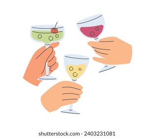 Friends hands holding glasses with drinks, champagne, wine, cocktail. Cheers and drinking toast to friendship. Flat cartoon style vector illustration isolated on white background