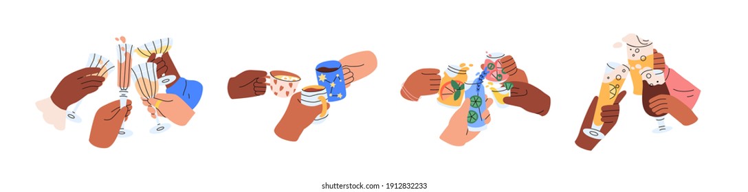 Friends hands holding glasses and mugs with champagne, wine, beer, cocktail and tea, and cheers or drinking toast to friendship. Colored graphic flat vector illustration isolated on white background