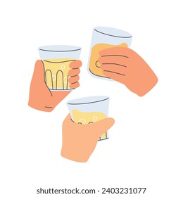 Friends hands holding whiskey glasses with alcohol drinks cheering together. Drinking together to celebrate the holidays. Flat cartoon style vector illustration isolated on white background