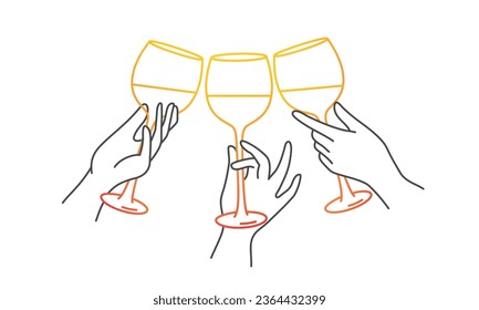 Friends hands holding wine glasses. Cheers. Hand drawn vector illustration.