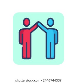 Friends hands up thin line icon. Achievement, contest, success outline sign. Friendship and partnership concept. Vector illustration, symbol element for web design and apps