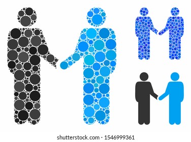 Friends handshake composition of small circles in variable sizes and color tinges, based on friends handshake icon. Vector small circles are composed into blue mosaic.
