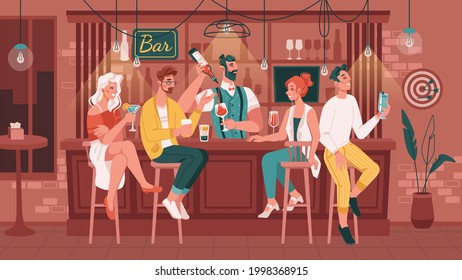 Friends hanging out in bar or pub drinking alcoholic drinks and talking. Men and women sitting by counter waiting for order made by bartender. Nightlife entertainment. Flat cartoon character vector