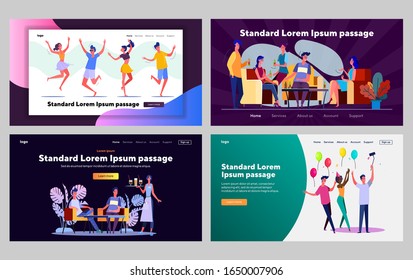 Friends hanging out together set. People dancing, drinking beer in bar, birthday. Flat vector illustrations. Friendship, communication concept for banner, website design or landing web page