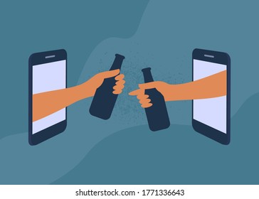 Friends hangout online, drink beverages. Human hands hold bottles through smartphone screen. Mobile app, video call. Informal talking by internet. Party, birthday, virtual meeting vector illustration