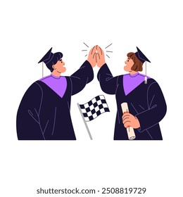 Freunde sind froh, Schule, Universität zu absolvieren, High Five zu geben. Akademische Studenten beenden ihren Abschluss, feiern den Erwerb des Diploms. Hochschulbildung. Flache, einzelne Vektorgrafik auf weißem Hintergrund