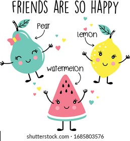 friends are so happy. summer cute fruits. kids girl graphic tees vector design