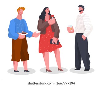 Friends have conversation, spending time together. Home reception, banquet with food and drinks. Men hold glass in hand and guy stand with cake on plate. People isolated on white. Vector illustration