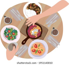 Friends have dinner party at the table. Vector graphics have tableware, drink, coffee, tomato pasta, curry rice, salad, Spanish stew