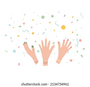 Friends have fun with confetti. Bright party with confetti.

