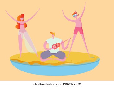 friends have fun on the beach, summer holidays in a company of fun with a guitar, songs and dances,vector illustration for web sites and landing pages