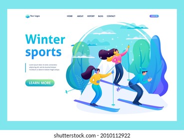 Friends have fun skiing in the mountains, winter holidays, have a good time. 2D characters. Landing Page Concept.