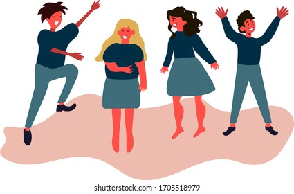 Friends have fun together. Dancing friends, Funny dancing jumping characters. Vector abstract illustration