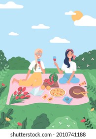 Friends have picnic in park. Girls on summer recreation activities, eating watermelon and pizza outdoors and spending time. Flat vector illustration.