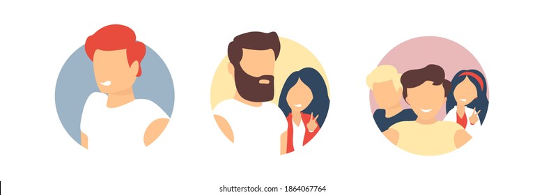 Friends have a selfie flat collection of round avatars. Boy girl man and woman standing together and take a photo vector set.