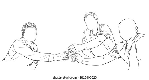 Friends having alcohol drink together clinking shot glasses and toasting, Drawing of people with no face. Vector sketch Hand drawn illustration isolated black and white svg