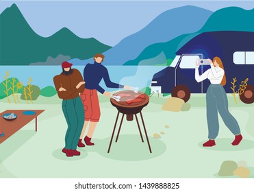 Friends Having BBQ Party Flat Vector Illustration. Men Frying Meat Steaks on Barbecue Grill Cartoon Characters. Woman Taking Taking Smartphone Photo, Shooting Video. People Spending Weekend on Nature