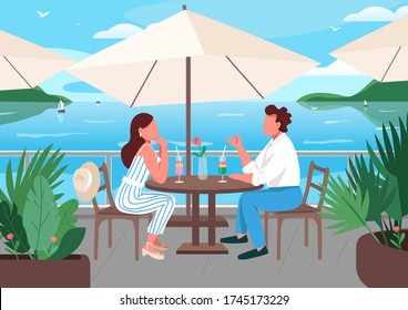 Friends having breakfast in seaside resort cafe flat color vector illustration. Couple in restaurant. Boyfriend and girlfriend drinking cocktails 2D cartoon characters with seascape on background