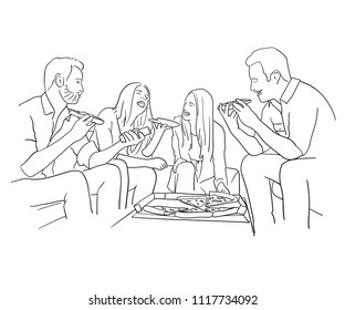 Friends having dinner pizza. Sketch style.