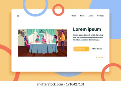 Friends having dinner together at home. Dining room, chatting, salad flat vector illustration. Friendship, social communication concept for banner, website design or landing web page
