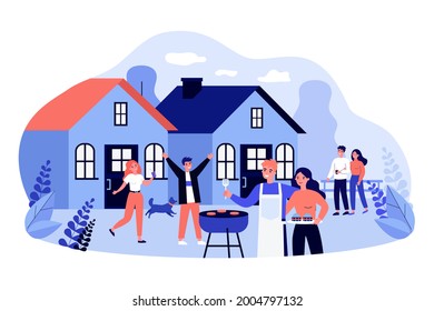 Friends having fun at backyard barbecue party. Flat vector illustration. Neighbors, young married couples relaxing, grilling food together. Weekend, vacation, family, friendship, food, party concept