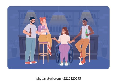 Amis s'amusant dans la barre 2D illustration vectorielle isolée. Boire de la bière et parler des personnages à plat sur fond de bande dessinée. Mates interaction colorée scène modifiable pour mobile, site web, présentation