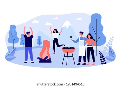 Friends having fun at BBQ party. People grilling meat, dancing at fire outdoors. Flat vector illustration. Camping, adventure travel, picnic concept for banner, website design or landing web page