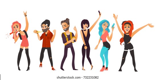 Friends having fun at birthday party, in night club, at disco, flat cartoon vector illustration isolated on white background. Young people, boys and girls, dancing, blowing birthday horns, having fun