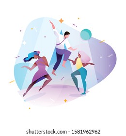 Friends having fun on holiday. People celebrating new year 2020. sparkles, dancing people isolated on white background. Flat cartoon vector illustration.