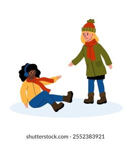 Friends having fun on a snowy day, one helping the other after a fall