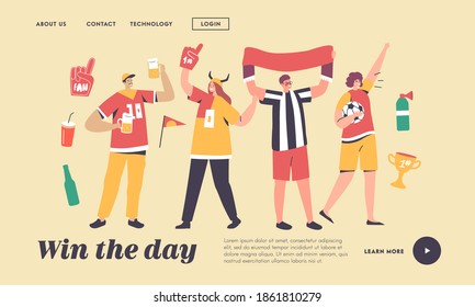 Friends Having Fun on Sport World Championship Landing Page Template. Young Football Supporter Fans Characters Cheering with Flag Watching Soccer Match at Stadium. Linear People Vector Illustration