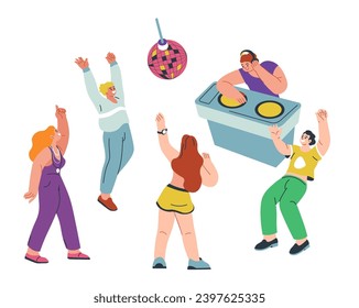 Friends having fun at party, isolated men and women dancing to dj music. People moving, disco show and entertainment or leisure on weekends. Couples enjoying life and sound. Vector in flat style