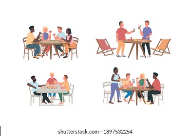 Friends having fun together flat color vector faceless characters set. Men, women eat pizza. Weekend entertainment isolated cartoon illustration for web graphic design and animation collection