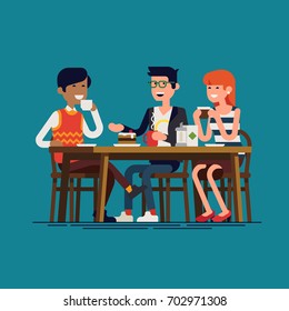 Friends having a good time together at cafe. Flat design vector character design on casually clothed male and female characters drinking coffee or tea and talking to each other. Circle of friends