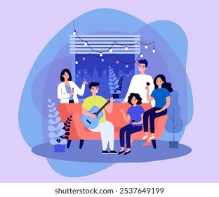 Friends having home party vector illustration. Happy people celebrating birthday, playing guitar, having fun. Friendship, tradition, holiday concept